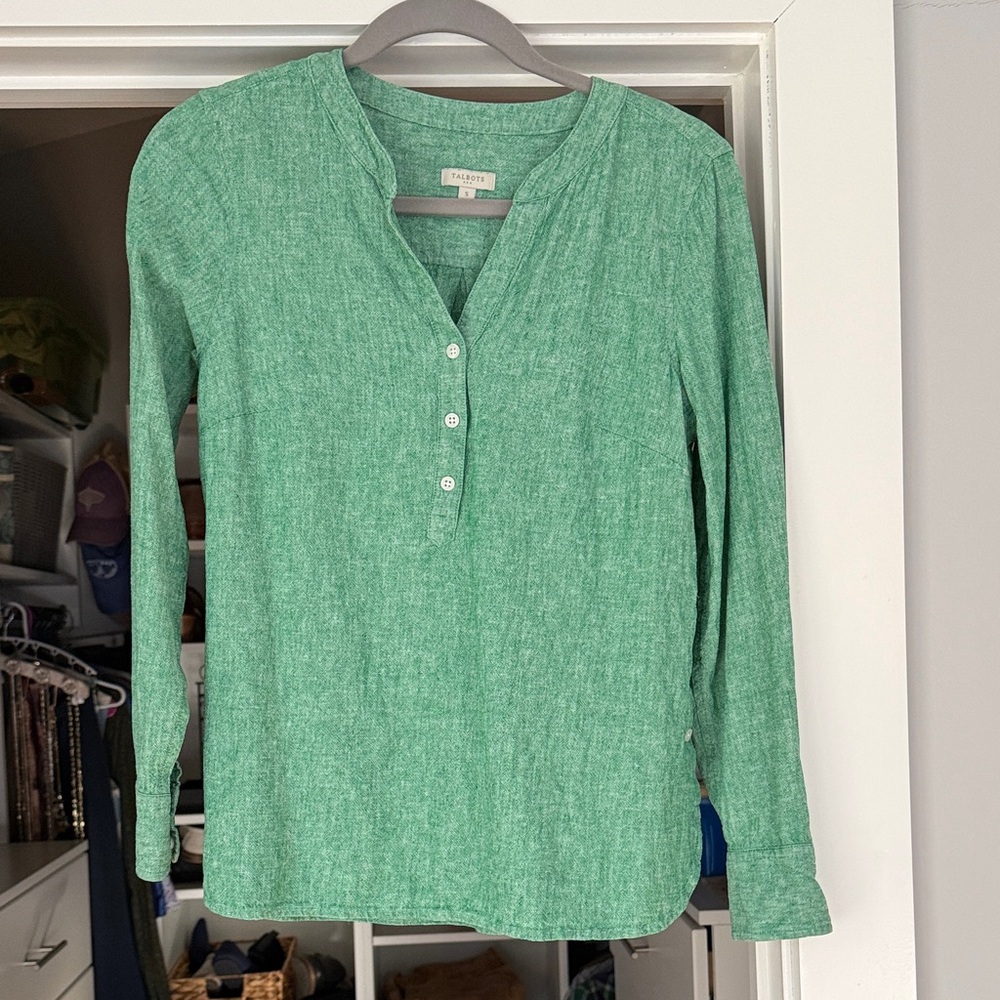 Talbots Mint Green Linen-Blend Henley Long Sleeve Top